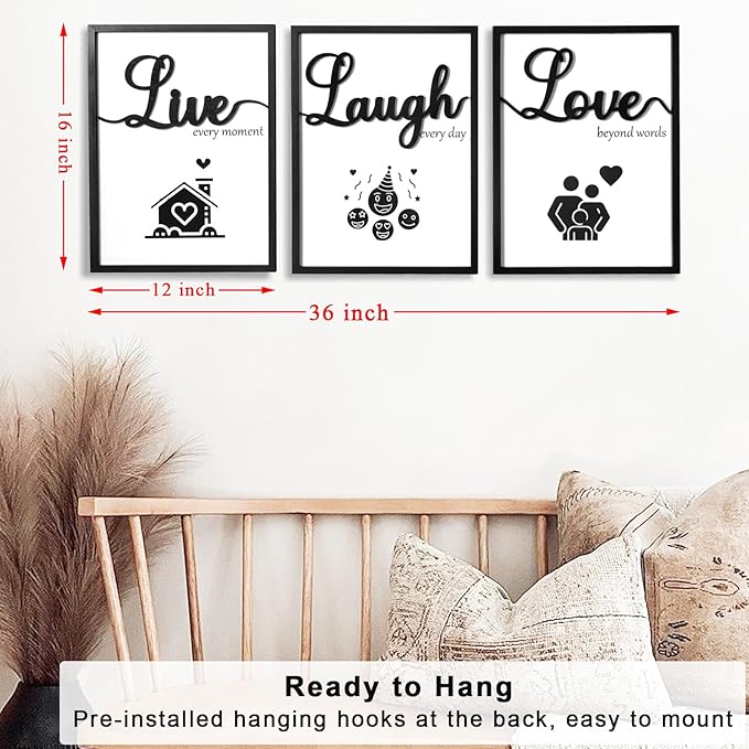 3D Wood Living Room Wall Decor, Live Laugh Love Wall Decor, Framed Love Wall Art for Living Room Bedroom Home(Ready to Hang, 12x16 Inch, Set of 3, Framed)