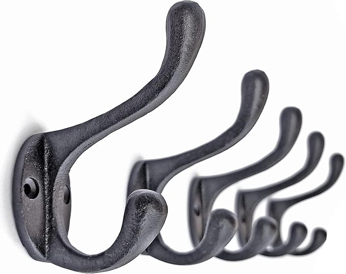 5 Pack Decorative Cast Iron Heavy Duty Double Hooks, Wall Mounted Coat Hooks, Vintage Inspired (Antique Black) (Cornish Hook)