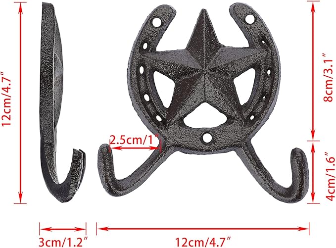 JUXYES Pack of 2 Cast Iron Lucky Horseshoe Wall Mounted Hook Heavy Duty Rustic Country Wall Coat Hook Star Decorative Hook Farmhouse Horse Shoe Vintage Towel Hook for Hats Coats Keys