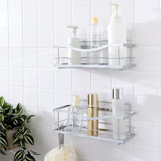 KINCMAX Iron Shower Caddies - Self Adhesive Bathroom Shelves for Showers - Wall Organizer Shampoo Holder Shelf - Peel and Stick On Caddy Bath Tub Rack - Pack of 2 Holders - Silver
