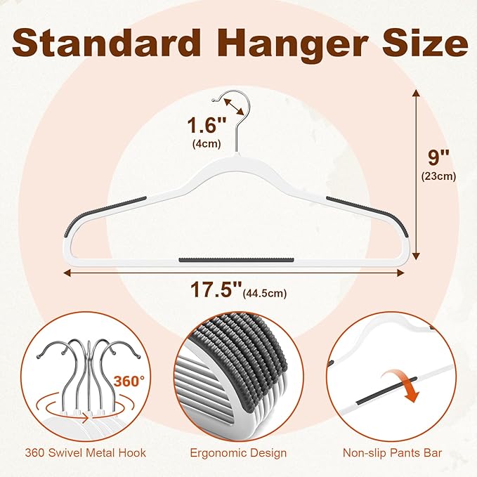 HOUSE DAY Heavy Duty Plastic Hangers 100 Pack, Clothes Hangers with Non-Slip Rubber Pads - 0.2 Inch Thin Space Saving Coat Hanger for Closet Organizer, 360° Swivel Hook for Shirts, Pants, Suit (White)