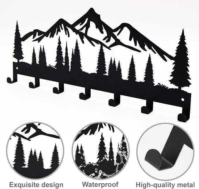 Key Holder for Wall, Metal Wall Hooks Organizer Rack with 7 Hooks for Keys, Coats, Bags – Decorative Home Decor for Entryway, Hallway, Kitchen, Living Room (12 Inches, Mountain)