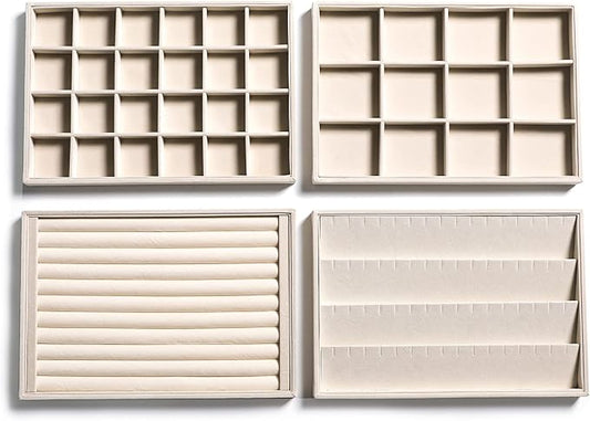 Frebeauty Stackable Velvet Jewelry Organizer Trays for Drawers Inserts Jewelry Storage Tray Display Case Earrings Bracelets Necklace Rings Accessories Trays for Women Girls(Set of 4)（Beige