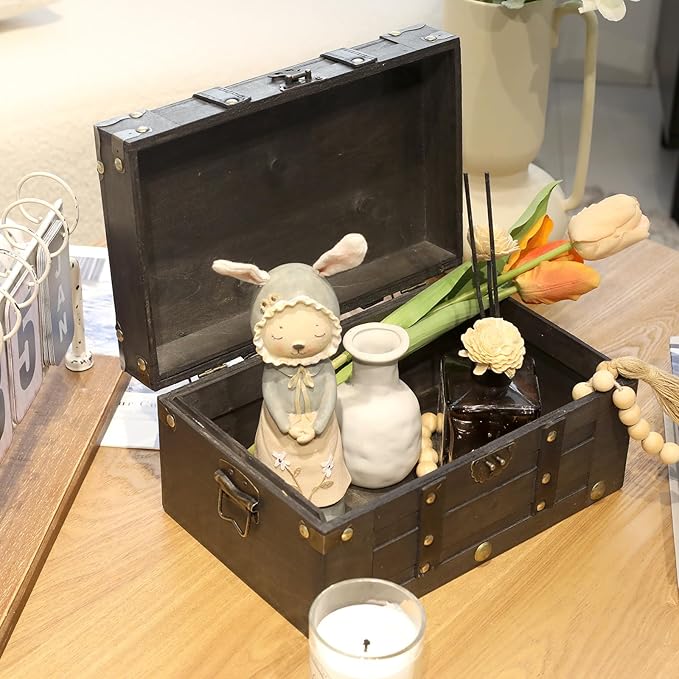 Vintage Wooden Treasure Chest (11" x 7.1" x 5.5") - Decorative Pirate Box with Sturdy Hinged Lid - Antique Style Storage Trunk for Classroom, Keepsakes, & Party Props, Black