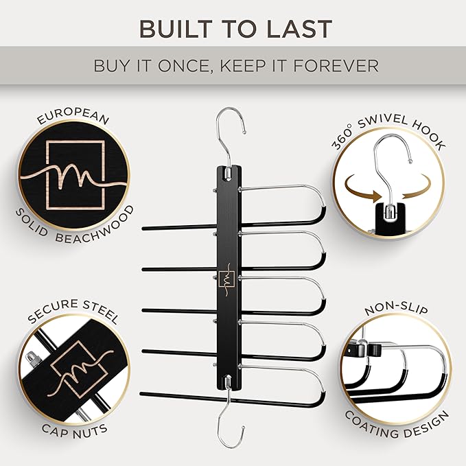 MORALVE Pants Hangers Space Saving - 2 Pack European Beechwood Scarf and Jean Hangers - Closet Organizer and Space Saver Pant Rack, Leggings Hanger, and Scarf Holder with 360° Swivel Hook