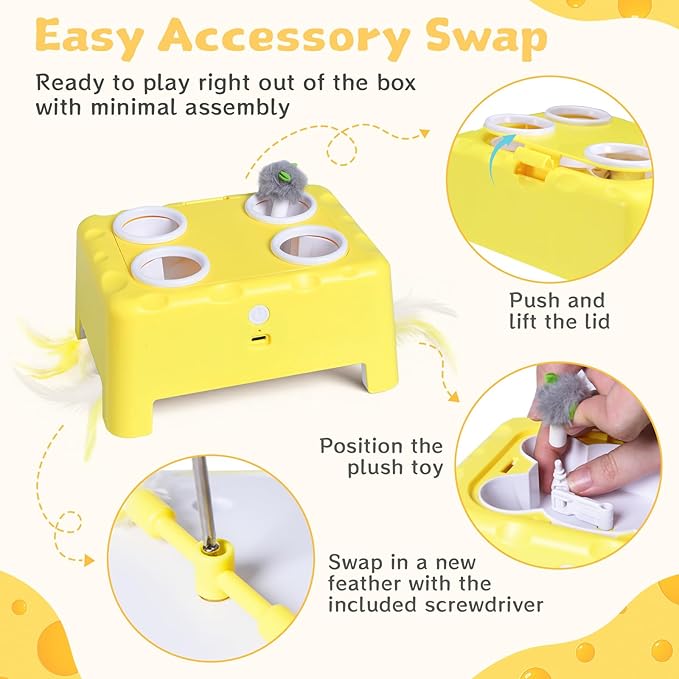 Interactive Cat Toy for Indoor Cats, 3 Modes Feathers Toy, Rechargeable 4 Holes Mole Cat Toys, Cheese Box for Kitten, 4 Accessories (Yellow)