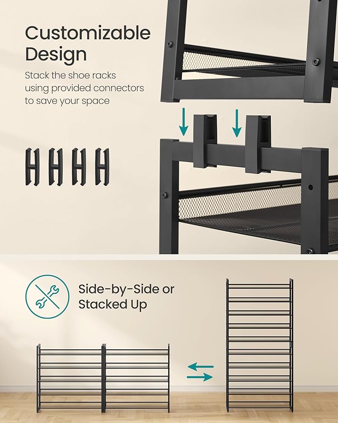 SONGMICS Shoe Rack, 10-Tier Shoe Organizer, Metal Rack for Garage, Set of 2, 5-Tier Stackable Shelf, with Adjustable Flat or Angled Shelves, 40-50 Pairs, Ink Black ULMR010B01