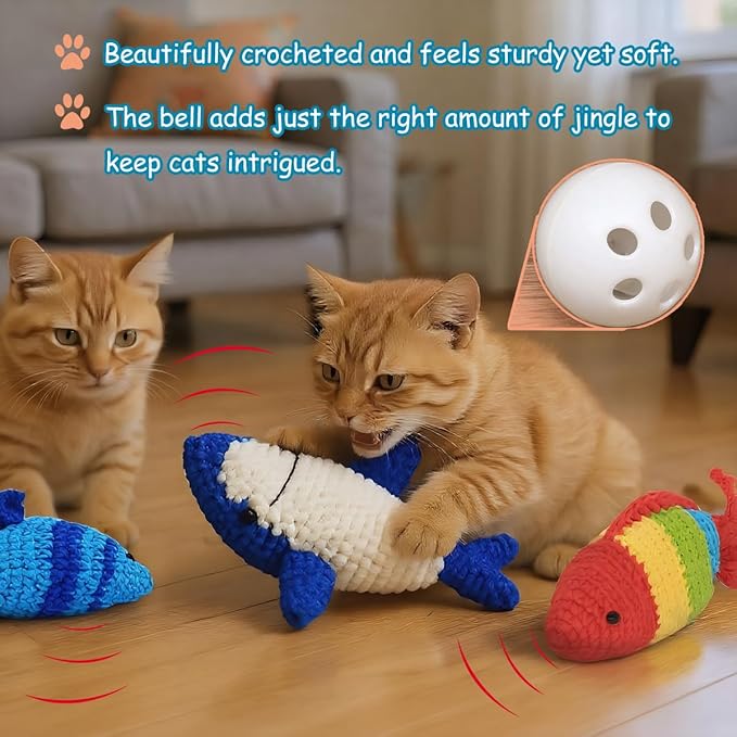 Cat Toys with Catnip & Bell Soft Natural Cat Nip Toys for Indoor Cats Hand Crocheted Interactive Kitten Fish Toys