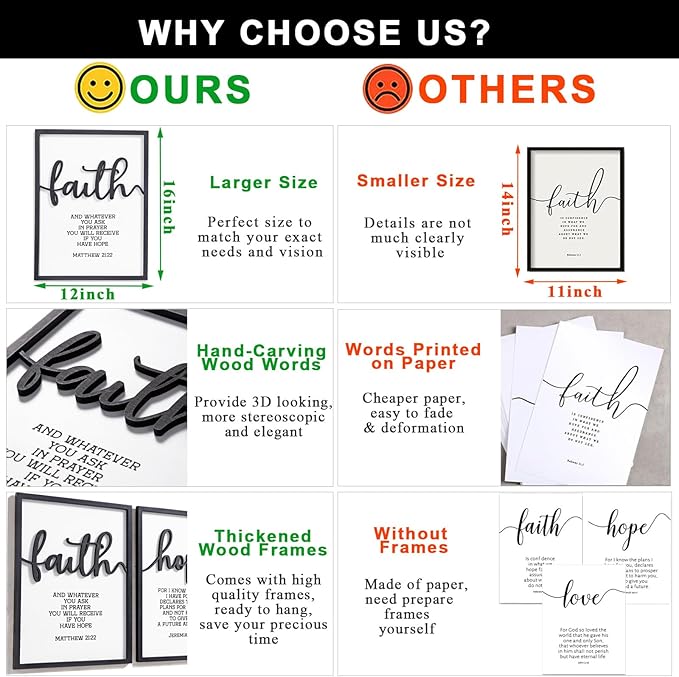 3D Wood Faith Hope Love Wall Decor, Christian Wall Art Bible Verses Wall Decor Scripture Wall Art for Bedroom Bathroom Kitchen Living Room Office(12x16 inches, Set of 3, Framed)