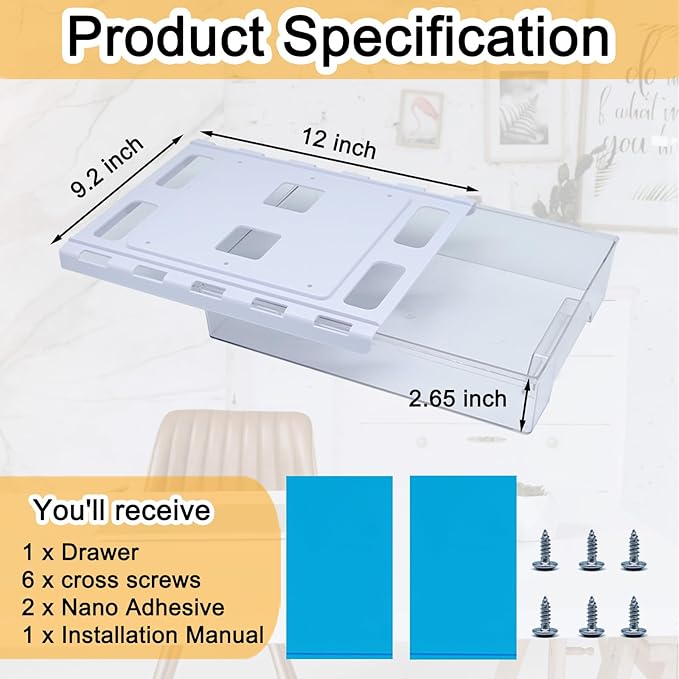 Under Desk Drawer Organizer, Attachable Slide Out Storage Drawers, Hidden Desktop Organizers, Self-Adhesive Table Storage Accessories for Home Office and School (Transparent)