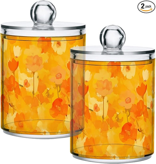 2 Pack Qtip Holder Organizer Dispenser Flower Yellow Orange Poppy Bathroom Storage Canister Cotton Ball Holder Container for Cotton Pads/Swabs/Floss