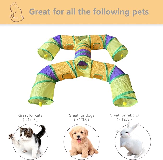 Foldable H-Shaped Cat Tunnel Toy with Interactive Playing Balls - 4 Exits for Cats, Kittens, Rabbits & Small Pets Collapsible Play Tube for Indoor Fun & Exercise (Colorful)