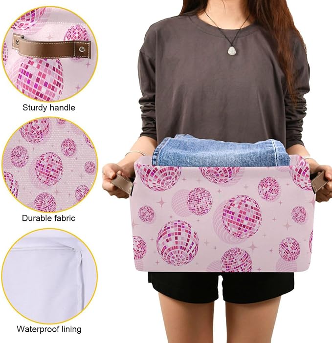 Disco Balls Pink Large Storage Basket Cube Storage Bin Canvas Fabric Organizer Handles Collapsible Decorative for Clothes Toys Bedroom