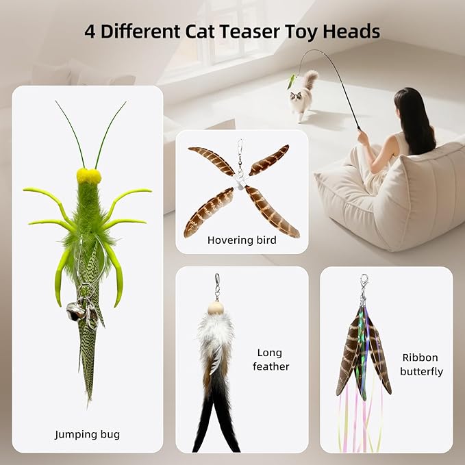 uahpet Natural Feather Cat Toy, Interactive Wand Toy for Indoor Kittens, 60inch Long Cat Fishing Pole Toy for Exercising and Playing, 4Pcs Different Refills and 2Pcs Premium String