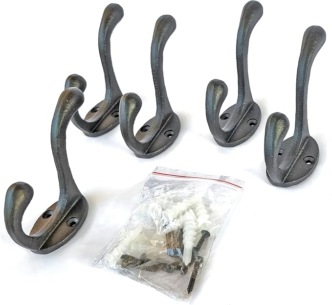 5 Pack Decorative Cast Iron Heavy Duty Double Hooks, Wall Mounted Coat Hooks, Vintage Inspired (Antique Black) (Cornish Hook)