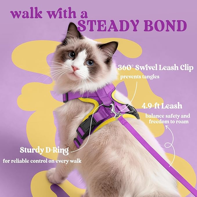 rabbitgoo Cat Harness and Leash for Walking, Escape Proof Soft Adjustable Vest Harnesses for Cats, Easy Control Breathable Reflective Strips Jacket, Purple&Yellow, M