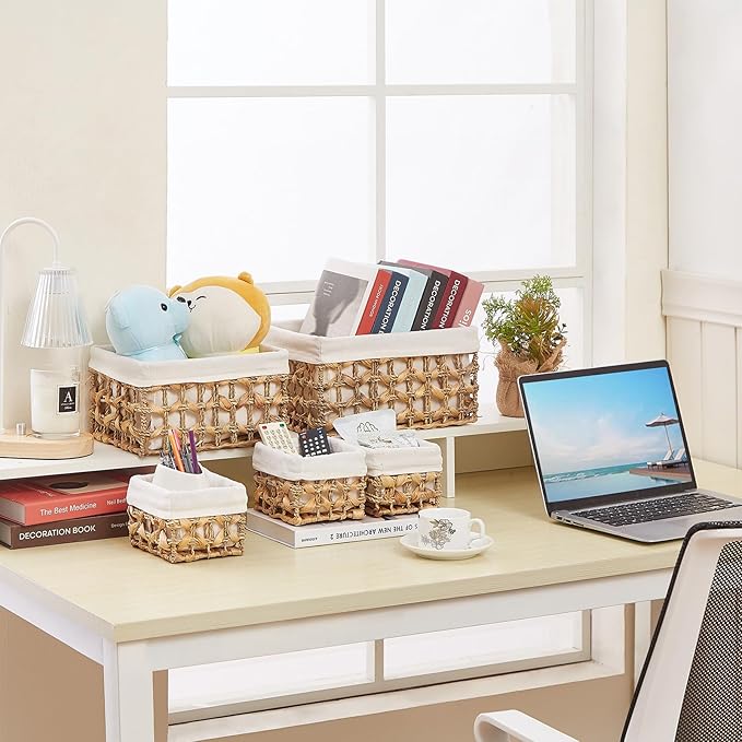 Vagusicc Wicker Storage Basket, Rectangular Wicker Baskets for Storage, Woven, Water Hyacinth and Seagrass Storage Baskets for Organizing, Cube Storage Bins for Closet/Clothes/Dresser, Beige, 5-Pack