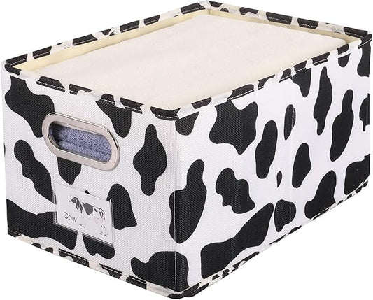 ANMINY Fabric Storage Bin Cow Print Cotton Linen Foldable Open Storage Basket Box with Handles PP Plastic Board Label Window Pocket Decorative Washable Desktop Closet Shelf Organizer Container - Large