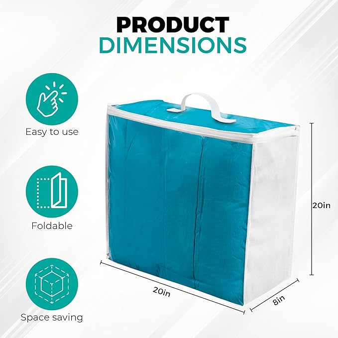 Storage Bags 20x20x8 - Durable Zippered Bags for Comforters, Blankets, Clothes, and Bedding - Breathable Nonwoven with Clear Front for Easy Organizing - 6 Pack