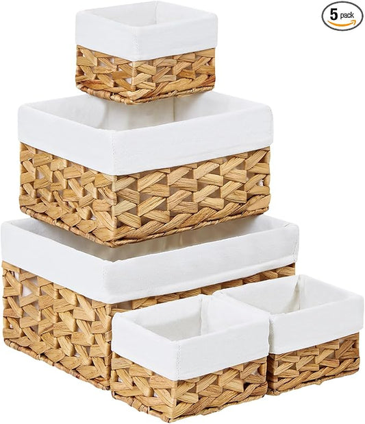 Vagusicc Wicker Storage Basket, 5 Pack Baskets for Organizing, Water Hyacinth Storage Baskets, Rectangular Wicker Baskets for Storage Shelves, Cube Storage Bins For Closet/Clothes/Dresser