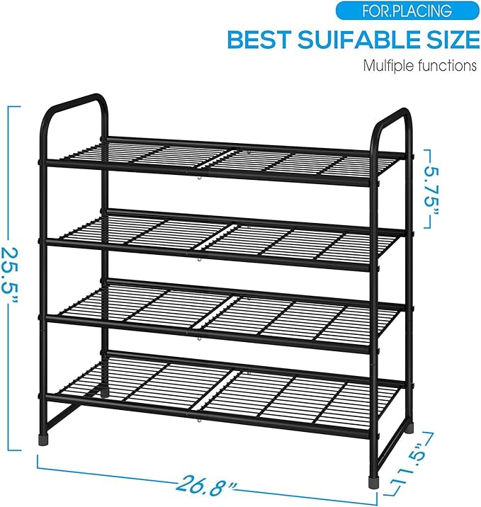 Simple Trending 4-Tier Stackable Shoe Rack, Expandable & Adjustable Shoe Organizer Storage Shelf, Wire Grid, Black
