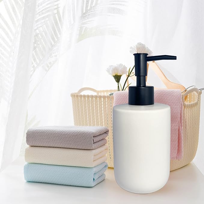 White Soap Dispenser with Matte Black Pump for Bathroom,Minimalist Modern Design Cylindrical Lotion Dispenser,12oz Ceramic Hand Dish Soap Dispenser,Refillable Liquid Dispenser for Kitchen (White)