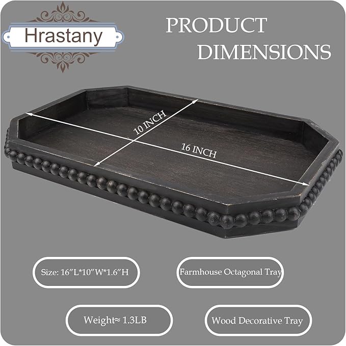 Wood Rustic Serving Tray with Beads, Farmhouse Vintage Black Decorative Tray for Table Centerpiece, Christmas Wedding Halloween Home Decor