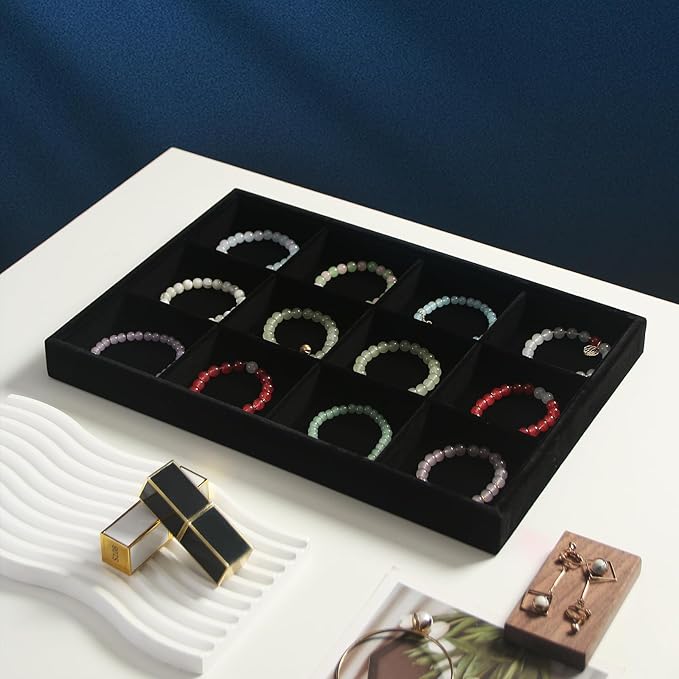 Coward 2PC Black Velvet Stackable 12 Grids Jewelry Organizer Tray Bracelet Display Stand for Selling Velvet Necklace Holder Earring Box Storage (12grid+12grid)