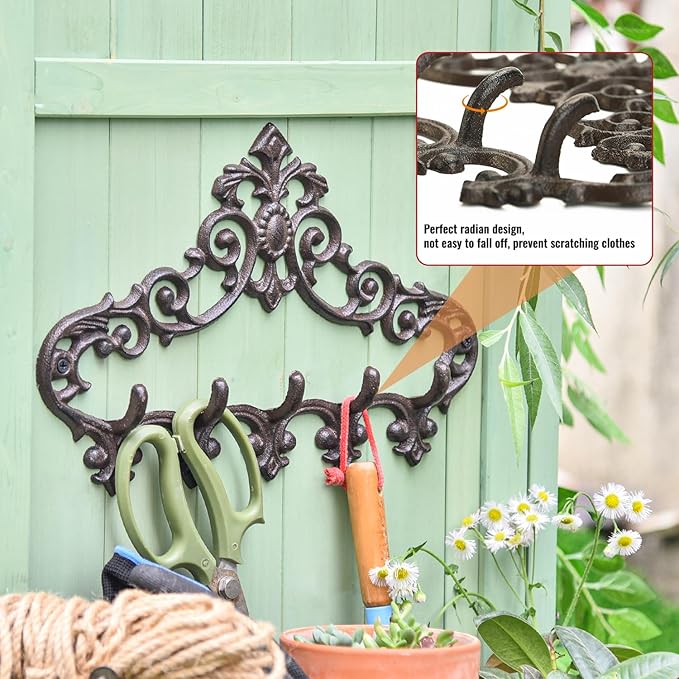 Sungmor Cast Iron Rustic Coat Hook Hanger with 5 Hooks - Practical Iron Storage Organizer/Wall Hooks Hanging Rack - Pretty Pattern Charming Wall Decor for Keys Clothes Hats