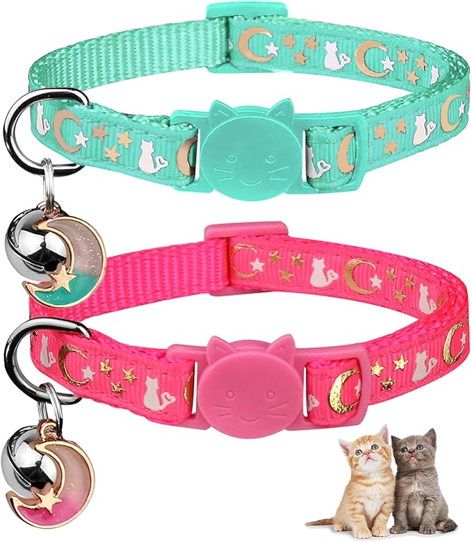 Baeuppit 2PCS Breakaway Cat Collars with Bell Moons Stars Cute Kitty Adjustable Safe Kitten Collars with Pendant Glow in The Dark(Pink&Teal)
