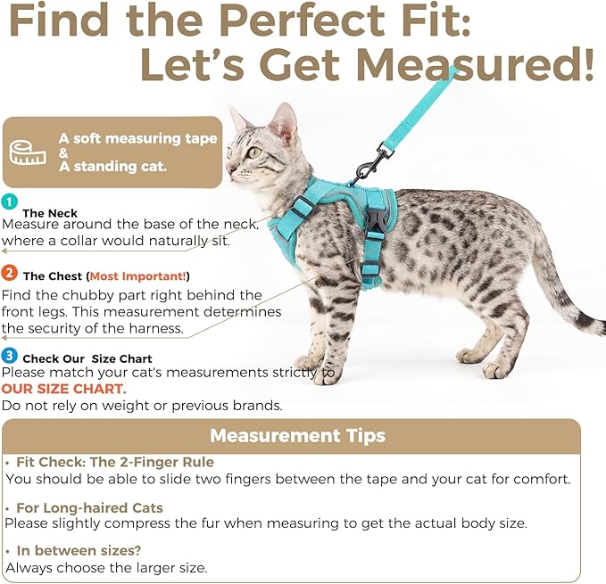 Cat Harness and Leash Set Escape Proof Tactical Large Kitten Harness Emotional Support Cat Vest, Turquoise, L