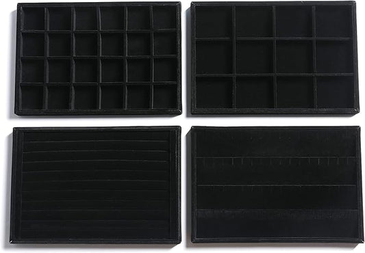 Frebeauty Stackable Velvet Jewelry Organizer Trays for Drawers Inserts Jewelry Storage Tray Display Case Stud Earrings Bracelets Necklace Rings Accessories Trays for Women Girl(Set of 4)(Black).