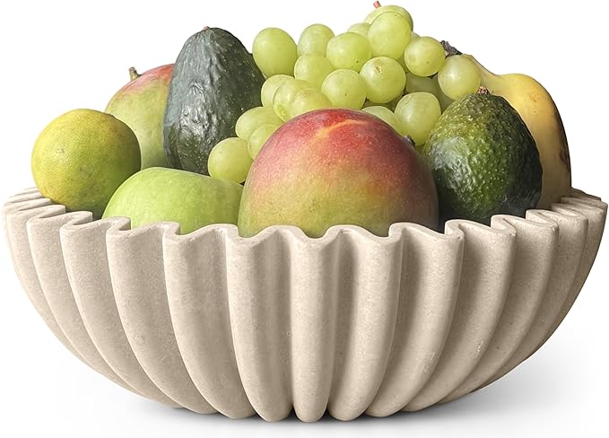12" Extra Large Decorative Bowl – Decorative Fruit Bowl for Kitchen Counter, Modern Handmade Bowls for Home Decor, Ruffle Decor, Stylish Key Bowl for Entryway Table, Beige Artificial Stone