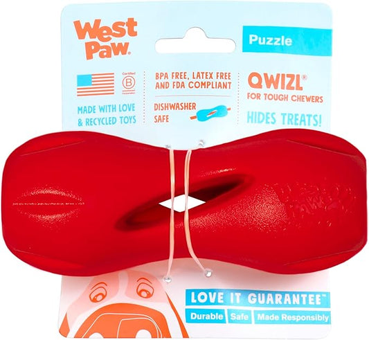 WEST PAW Zogoflex Qwizl Dog Puzzle Treat Toy – Interactive Chew Toy for Dogs – Dispenses Pet Treats – Brightly-Colored Dog Enrichment Toy for Aggressive Chewers, Fetch, Catch, Small 5.5", Ruby