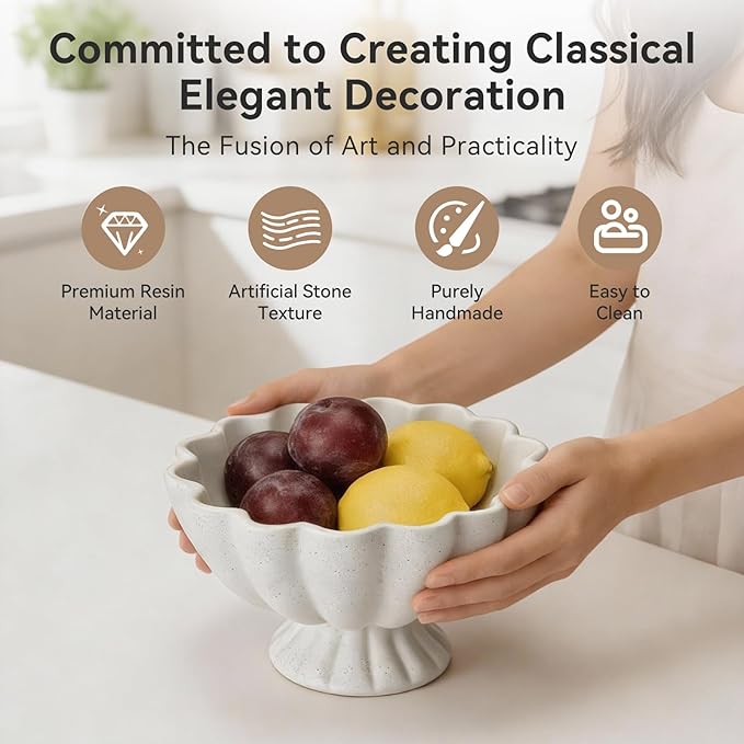 Pedestal Decorative Bowl Home Decor - Morden Resin Handmade Decorative Fruit Bowl for Kitchen Counter, Chic Ruffle Bowl Centerpiece Decor for Dining Table Coffee Table (Spotted White)
