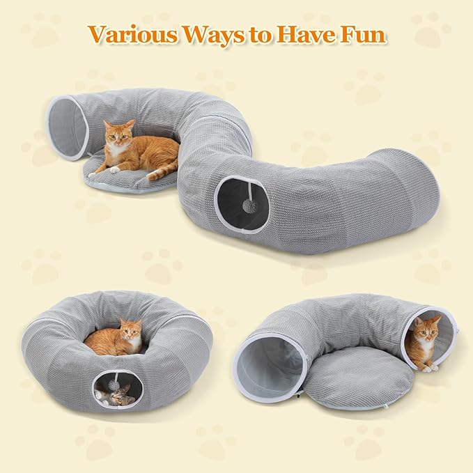PEQULTI Cat Donut Tunnel with Bed for Indoor Cats, Cat Play Tunnel with Washable Soft Plush Mat, Round Tube Toys Cute Tube for Kittens, Puppies, Rabbits and Ferrets, Grey