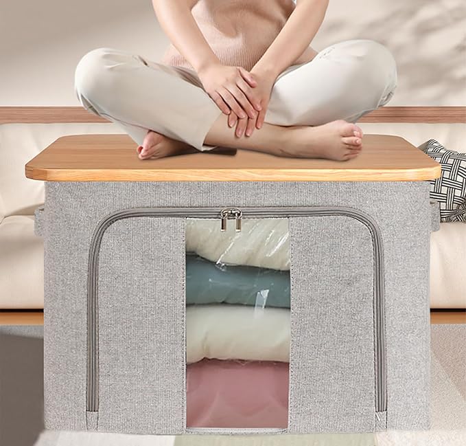 Clothes Storage Bins, Cloth Bags for Storage, 2 Pack Foldable Metal Frame Clothing Storing Bins with Double Visable Window, Large Capacity Container Box with Reinforced Handles, (66 L Grey)