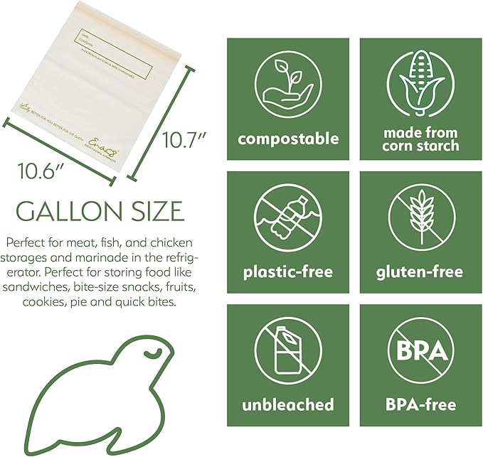 100% Compostable Food Storage Bags [Gallon 50 Pack] Eco-Friendly Freezer Bags, Resealable Bags, Heavy-Duty, Reusable, Off-White by Earth's Natural Alternative