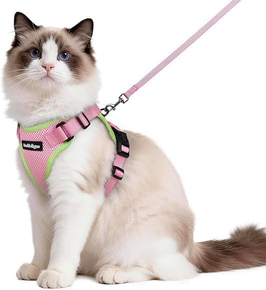 rabbitgoo Cat Harness and Leash for Walking, Escape Proof Soft Adjustable Vest Harnesses for Cats, Easy Control Breathable Reflective Strips Jacket, Pink&Light Green, M