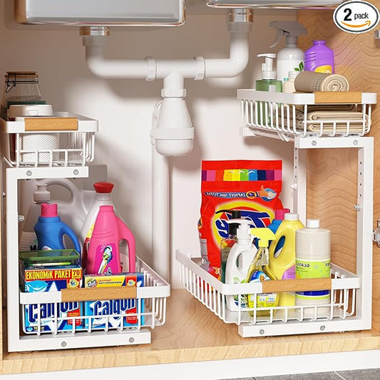 Under Sink Organizer 2 pack, 2 Tier Slide Out Under Sink Organizers And Storage, Height Adjustable Pull Out Cabinet Drawers, Kithcen Bathroom Metal Storage Caddy Shelf, White