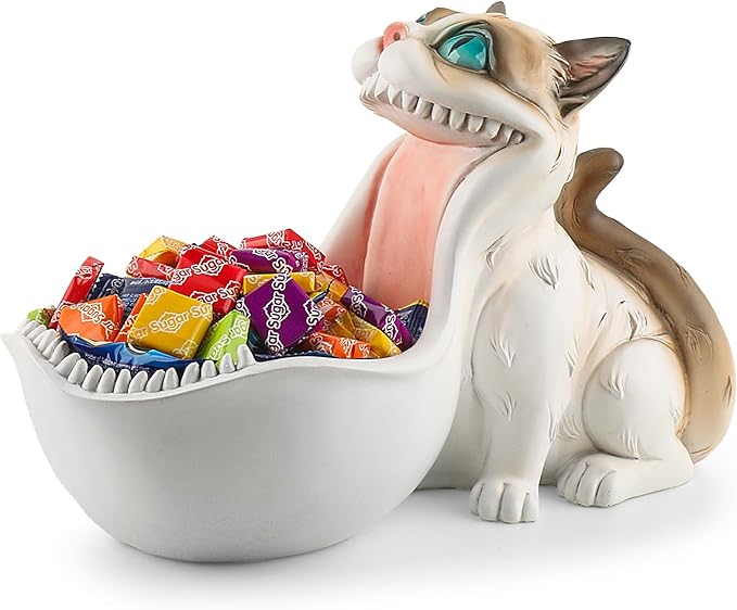 Candy Bowl White Cat Statue Trinket Dish Planter Decorative Bowl Candy Dish for Office Desk Cute Key Bowl for Entryway Table Big Mouth Cat Gifts