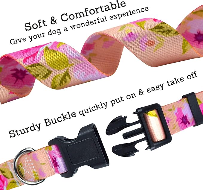 Dog Collar with Bohemia Floral Tribal Geometric Patterns - Soft Ethnic Style Collar Adjustable for Small Medium Large Dogs（ Pink Rose, M ）