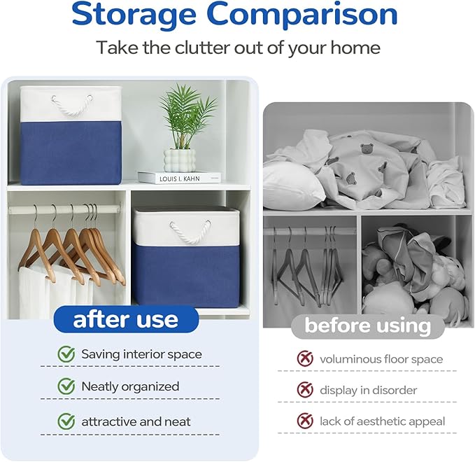 12 x 12 Inch Cube Storage Bins, 4 Pack Fabric Storage Basket with Handles, Foldable Boxes Organizer for Shelf Baskets for Home, Clothes, Toys (White/Blue)