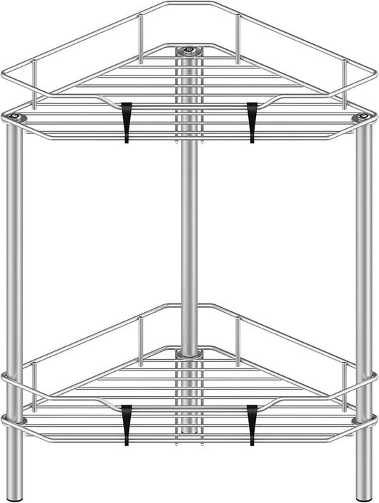2 Tier Floor Standing Corner Shower Caddy Organizer Shelf with Hooks, Bathroom Shelves Stand Rack, Gray