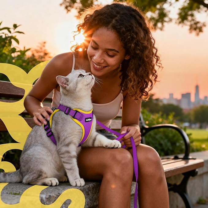 rabbitgoo Cat Harness and Leash for Walking, Escape Proof Soft Adjustable Vest Harnesses for Cats, Easy Control Breathable Reflective Strips Jacket, Purple&Yellow,XXS