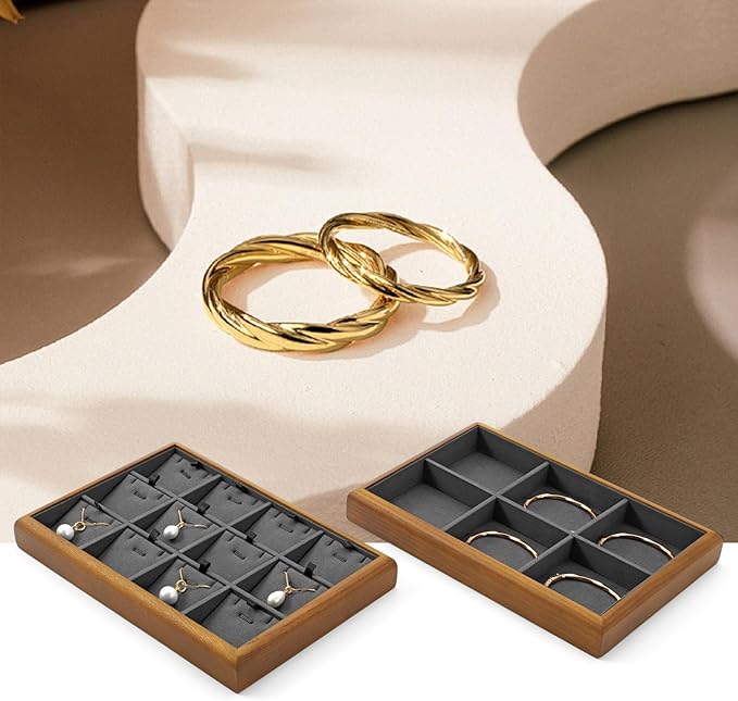 Oirlv Solid Wood 12 Grid Jewelry Organizer Tray Jewelry Drawer Organizer for Rings Earrings Storage Display(Grey)