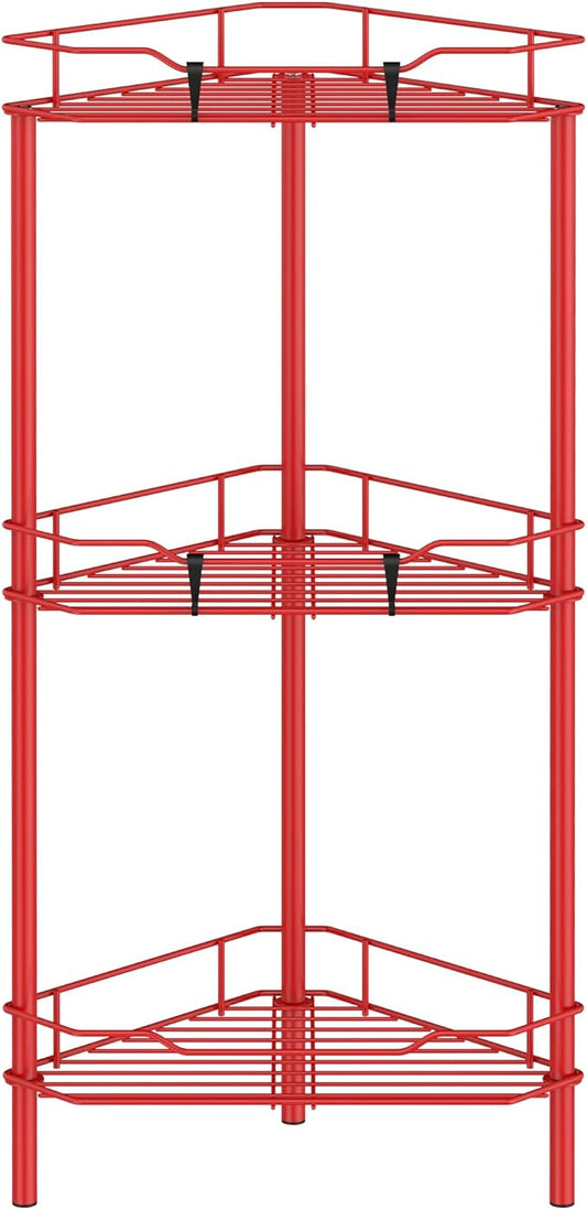 3 Tier Floor Standing Corner Shower Caddy Organizer Shelf with Hooks, Bathroom Shelves Stand Rack, Red