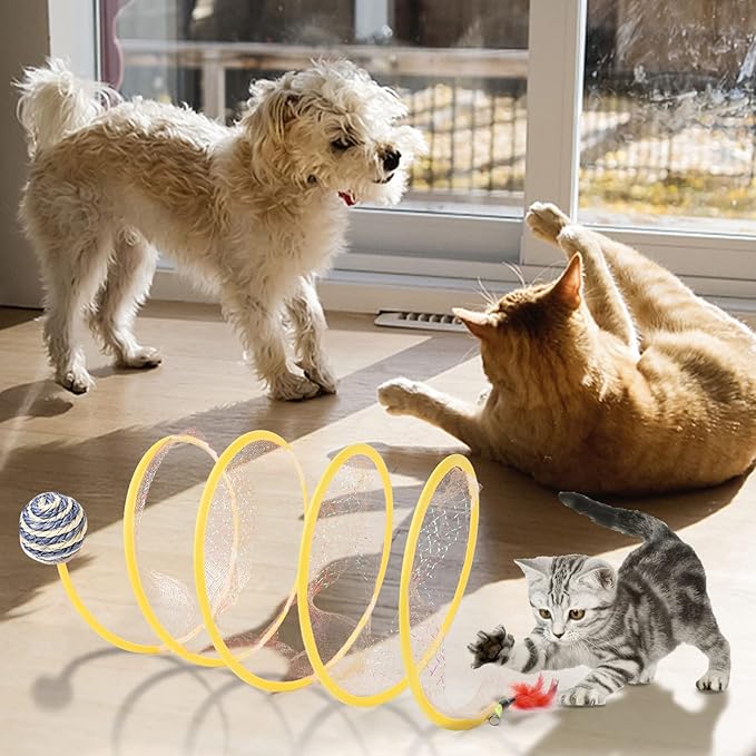 2-Pack Large Cat Tunnel Beds - Indoor & Outdoor,Kitten Collapsible Spring Tunnel Toy with Feather and Bell,Interactive Spring Toys for Cats & Kittens（Yellow）