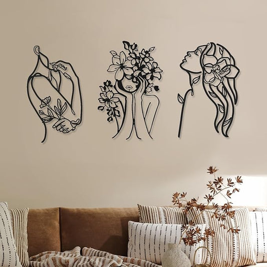 Photect 3 Pcs Metal Wall Art Decor Minimalist Abstract Woman Wall Art Metal Modern Line Drawing Decor Female Single Line Home Hanging for Bedroom Bathroom Living Room Christmas Housewarming(Stylish)