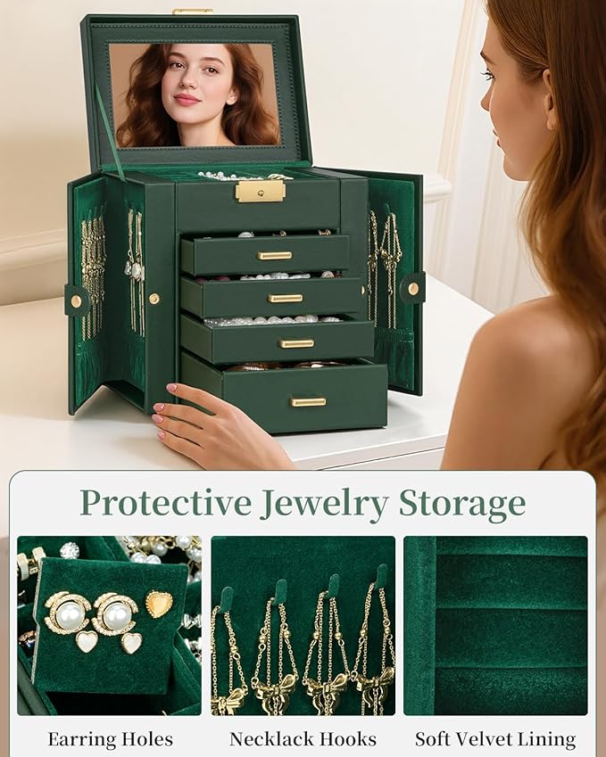 TORIBIO Jewelry Box for Women, Leather Jewelry Organizer with Mirror & Lock, 5-Tier Jewelry Storage Organizer with 4 Drawers for Girls/Women/Mothers, Necklace Earring Bracelets Holder Organizer